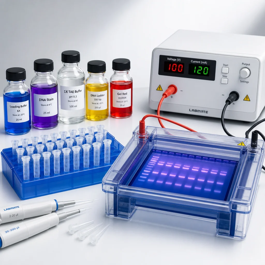 A darkâ€‘lab workbench with a glowing blue DNA doubleâ€‘helix model, a set of labeled microtubes, and a sleek white laptop displaying geneâ€‘editing software.