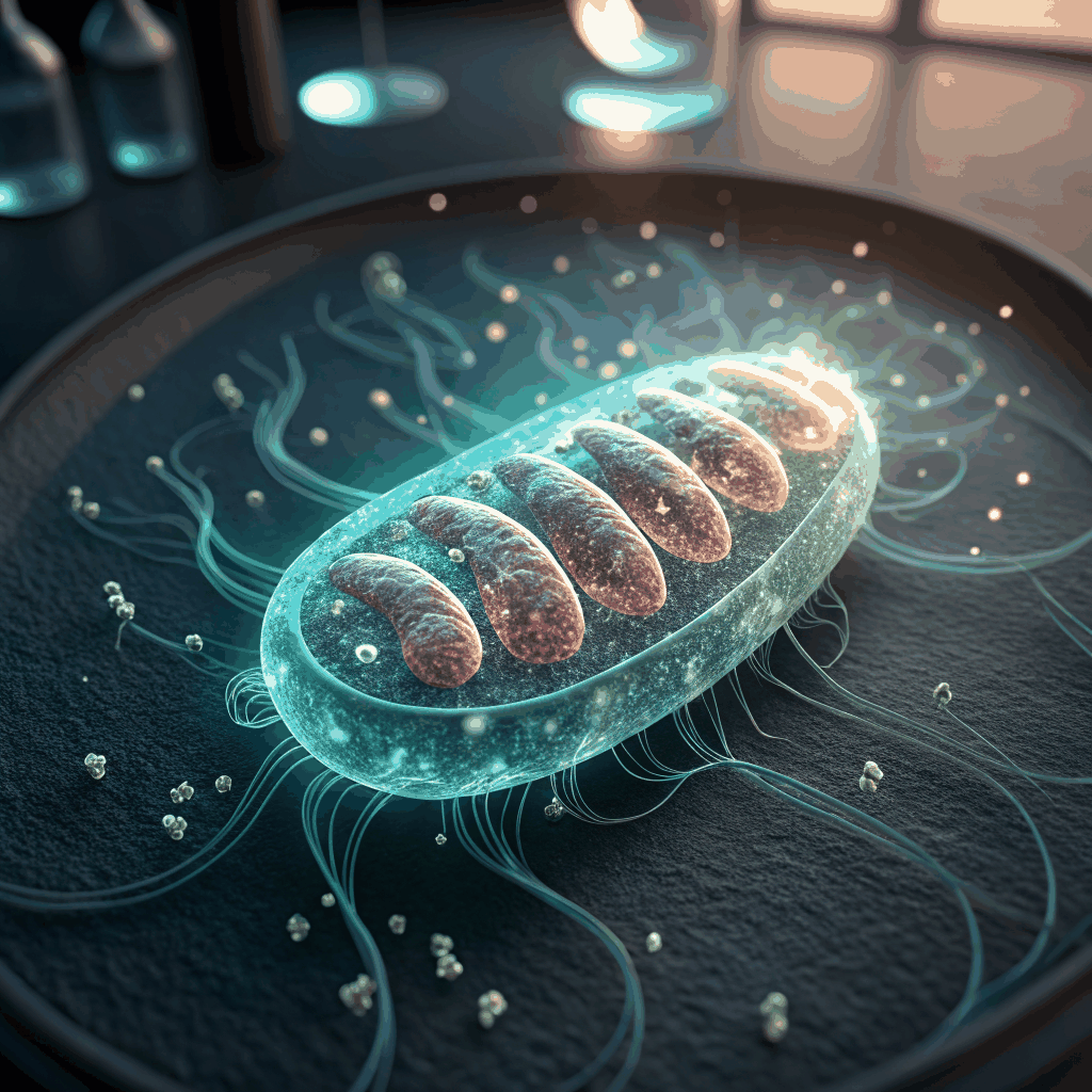 A glowing mitochondrion illustration on a matte black surface, accented with a red â€˜Energyâ€™ badge and crisp data readouts.