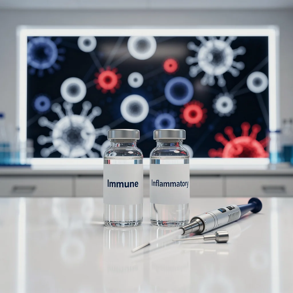 Redâ€‘accented petri dishes containing immune cells, with a white data grid and a red badge reading â€˜Immuneâ€™.